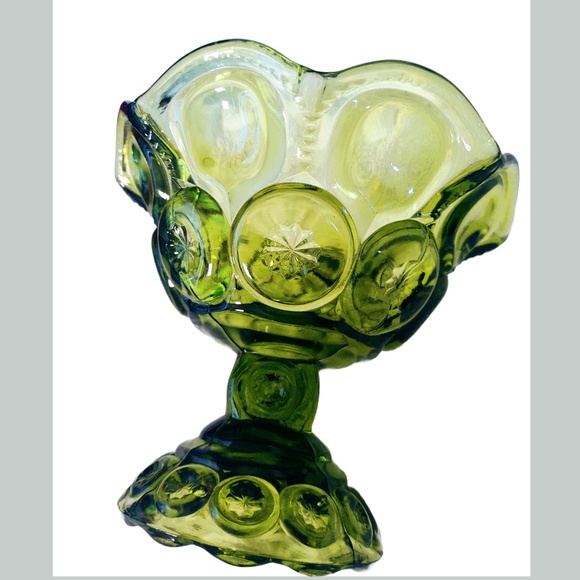 Vintage L. E. Smith Green Glass Footed Compote/Candy/Nut Dish Moon & Stars/MCM - Picture 4 of 16